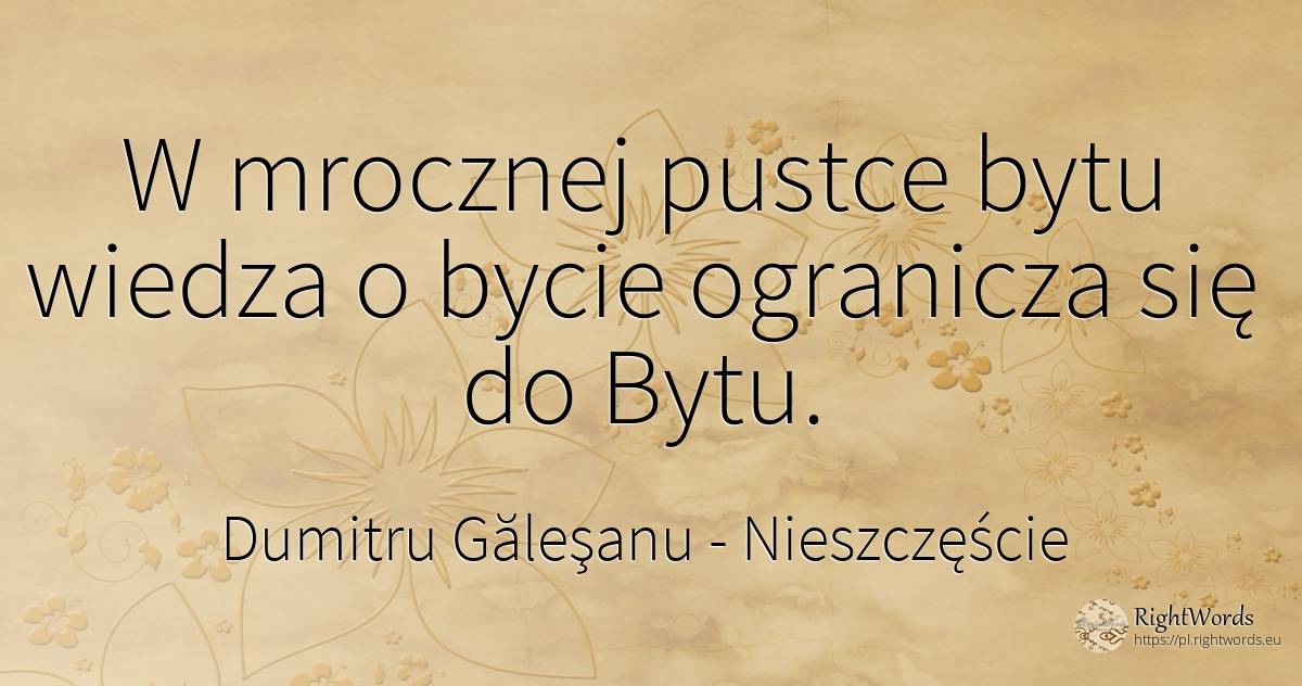 W mrocznej pustce bytu wiedza o bycie ogranicza się do Bytu. - Dumitru Găleşanu, cytat o nieszczęście